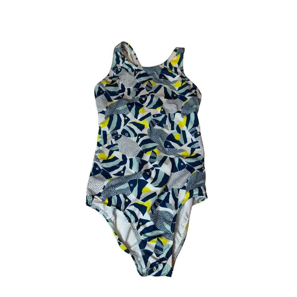 LANDS END GIRLS ONE PIECE SWIMSUIT SIZE 12S Fish White Blue Yellow